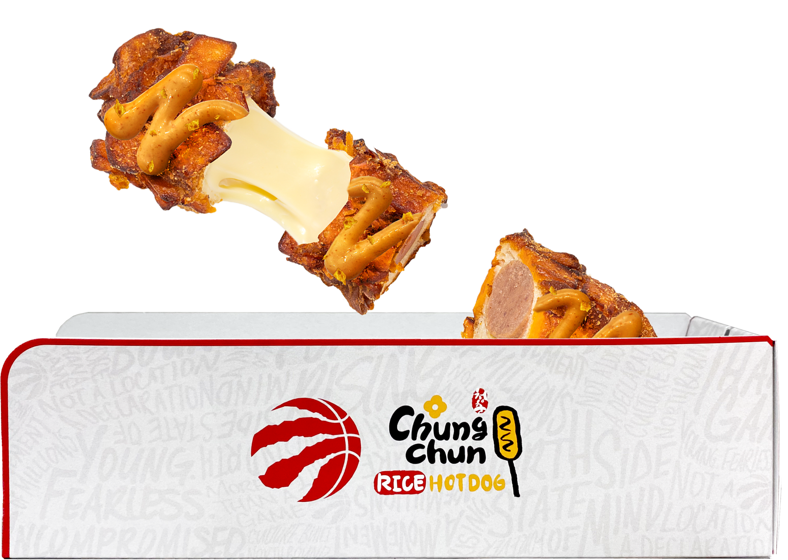 toronto raptors hotdog angled on top of the toronto raptors box